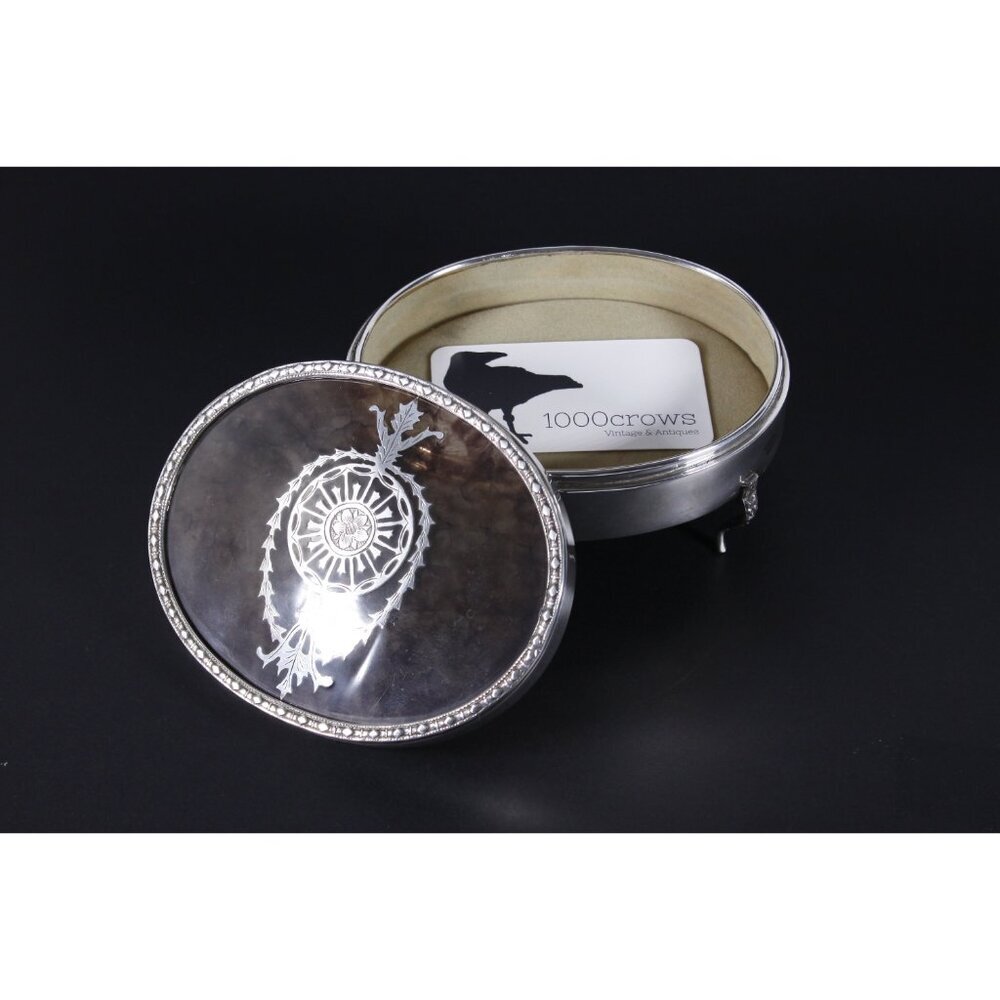 Regency style silver overlay footed trinket box with faux tortoiseshell lid